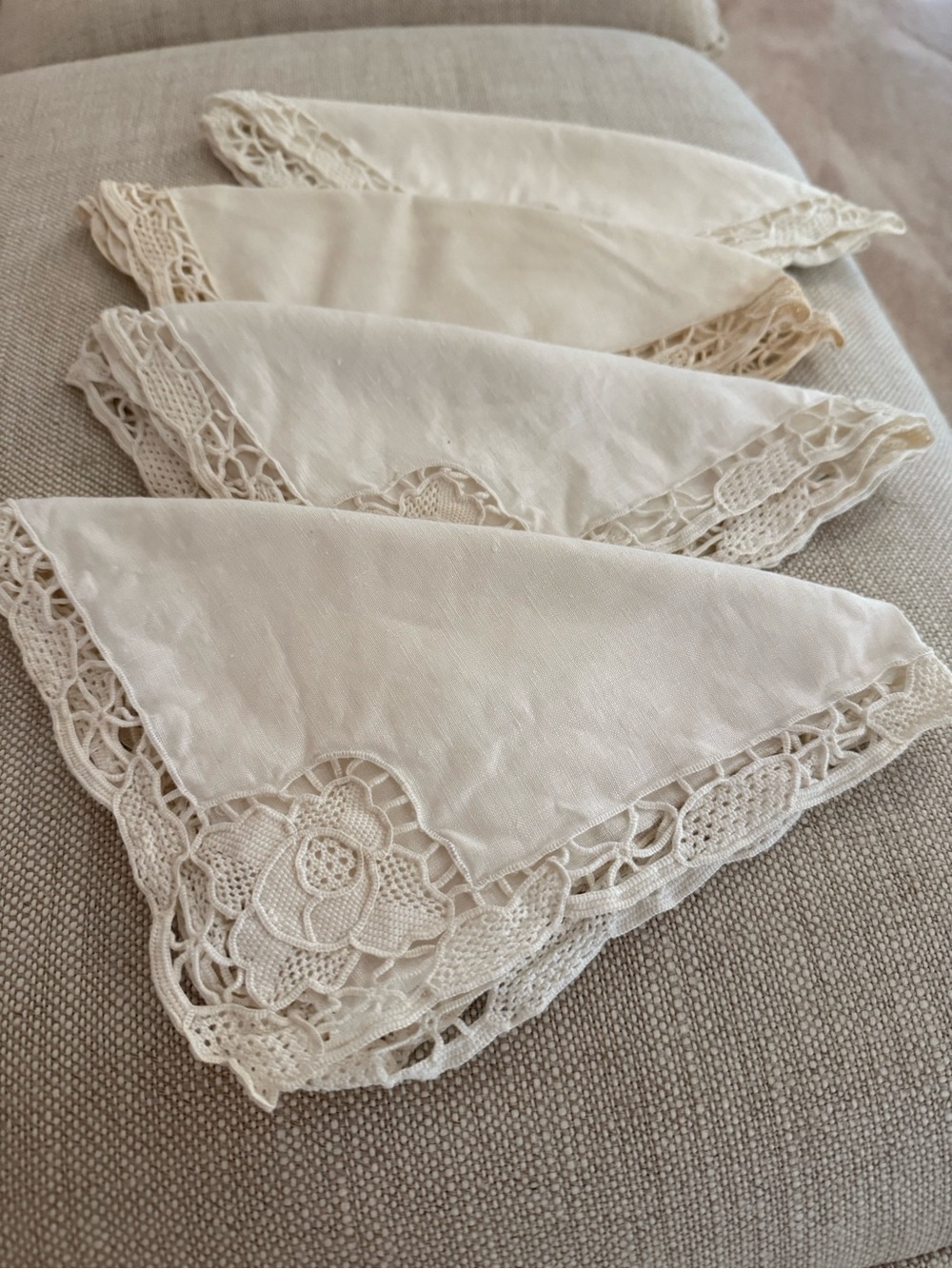 Vintage Cream Lace-Edged Dinner Napkins size 16” X 16”